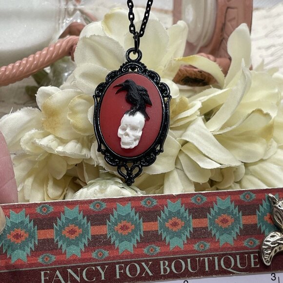 Silver Blk Red Gothic Crow Raven Rose Skull Wedding Party Jewelry necklace Cameo - Picture 13 of 13